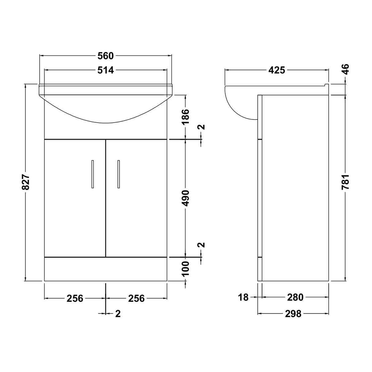 Nuie Mayford 550mm Floor Standing 2 Door Vanity Unit & Basin Gloss White VTM550 LD