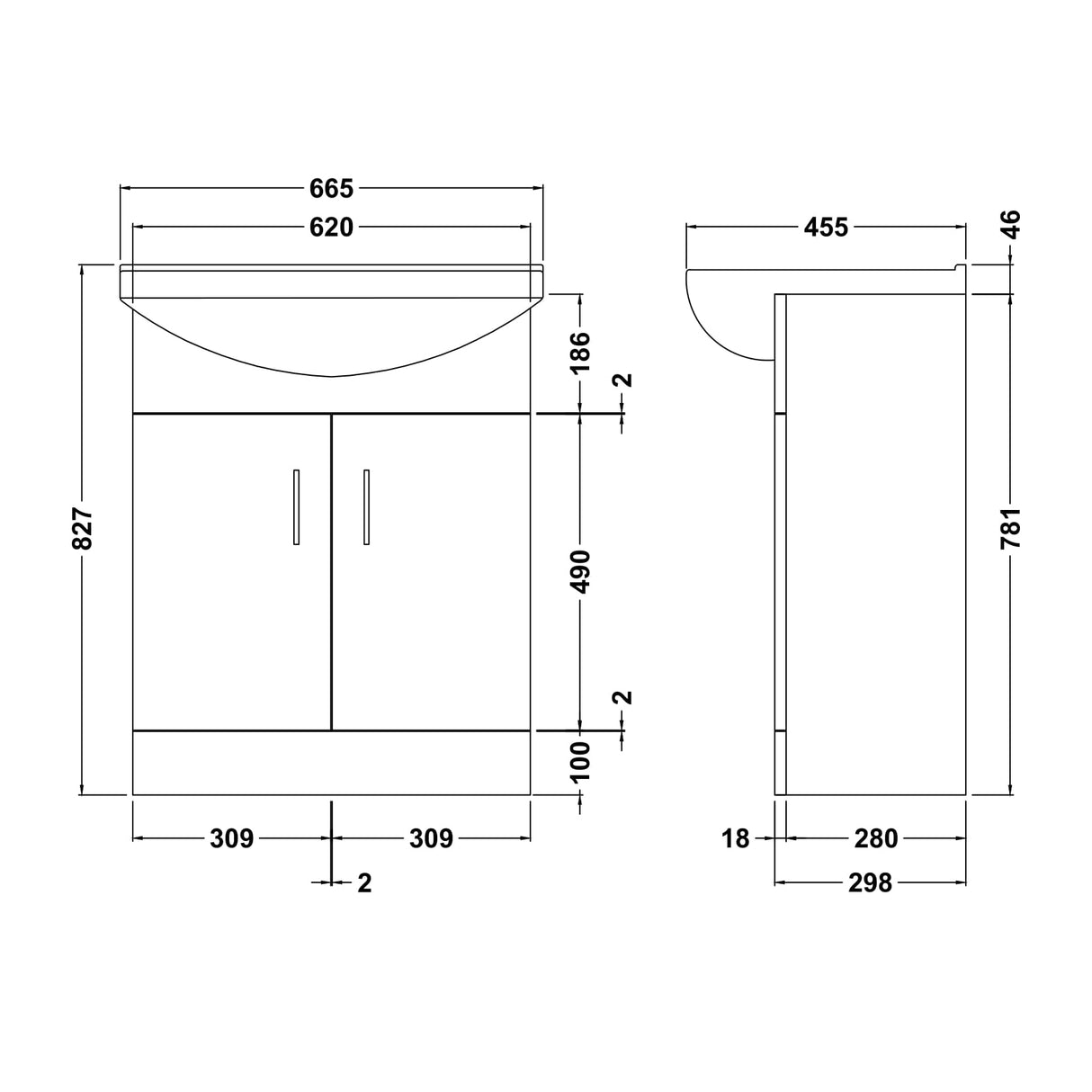 Nuie Mayford 650mm Floor Standing 2 Door Vanity Unit & Basin Gloss White VTM650 LD