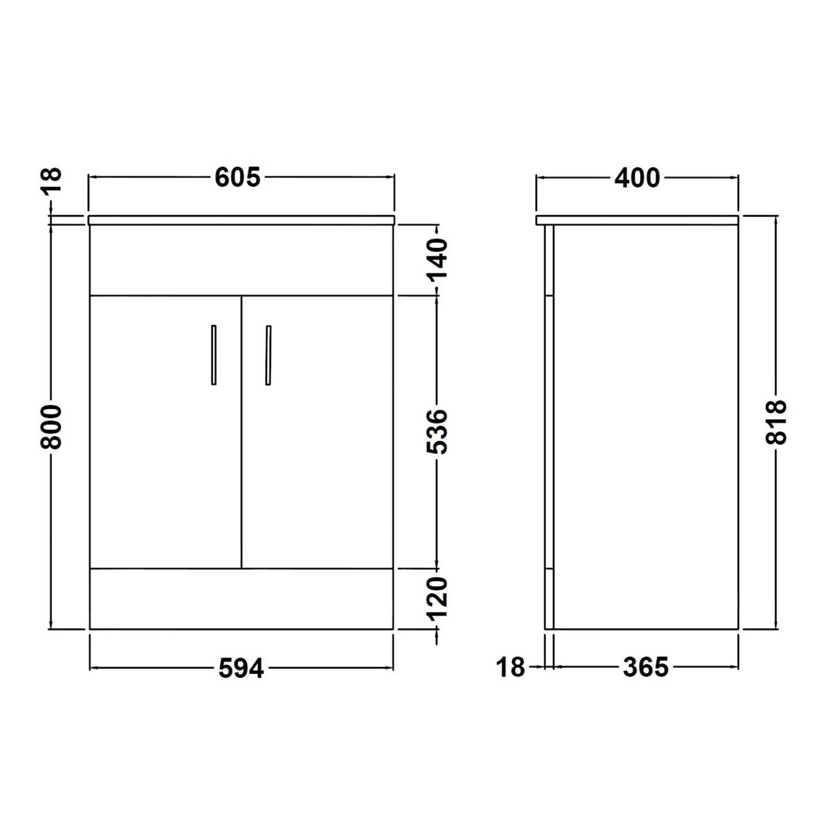 Nuie Eden 600mm Floor Standing 2 Door Vanity Unit & Basin Gloss White VTMW600 LD