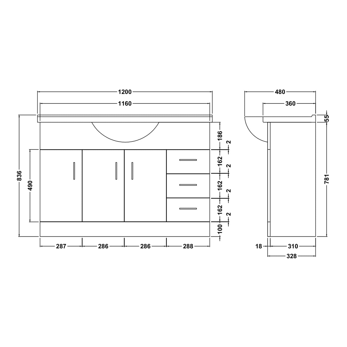 Nuie Mayford 1200mm Floor Standing 3 Door 3 Drawer Vanity Unit & Basin Gloss White VTY1200 LD