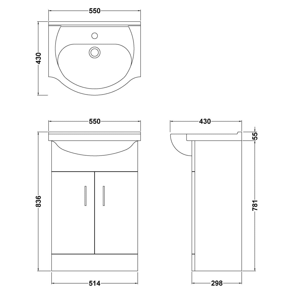 Nuie Mayford 550mm Floor Standing 2 Door Vanity Unit & Basin Gloss White VTY550 LD