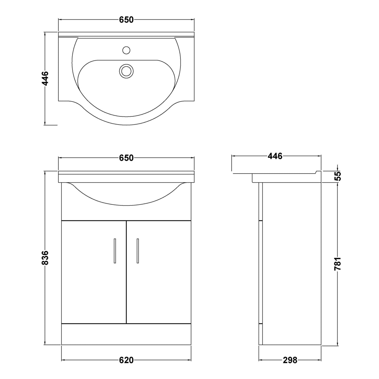 Nuie Mayford 650mm Floor Standing 2 Door Vanity Unit & Basin Gloss White VTY650 LD