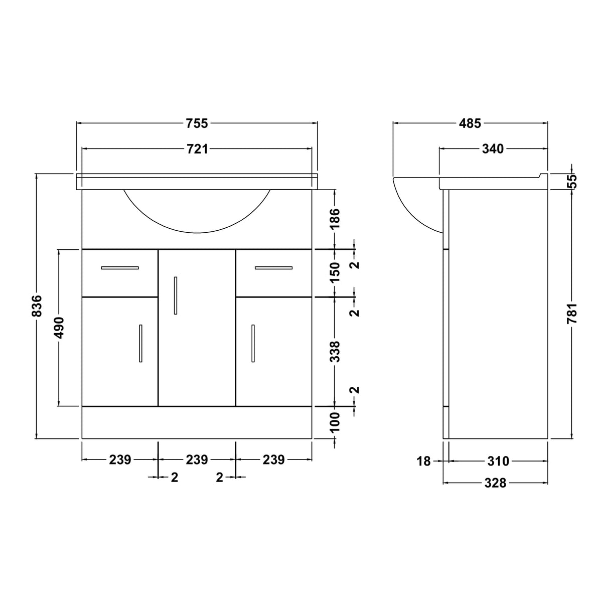 Nuie Mayford 750mm Floor Standing 3 Door 2 Drawer Vanity Unit & Basin Gloss White VTY750 LD