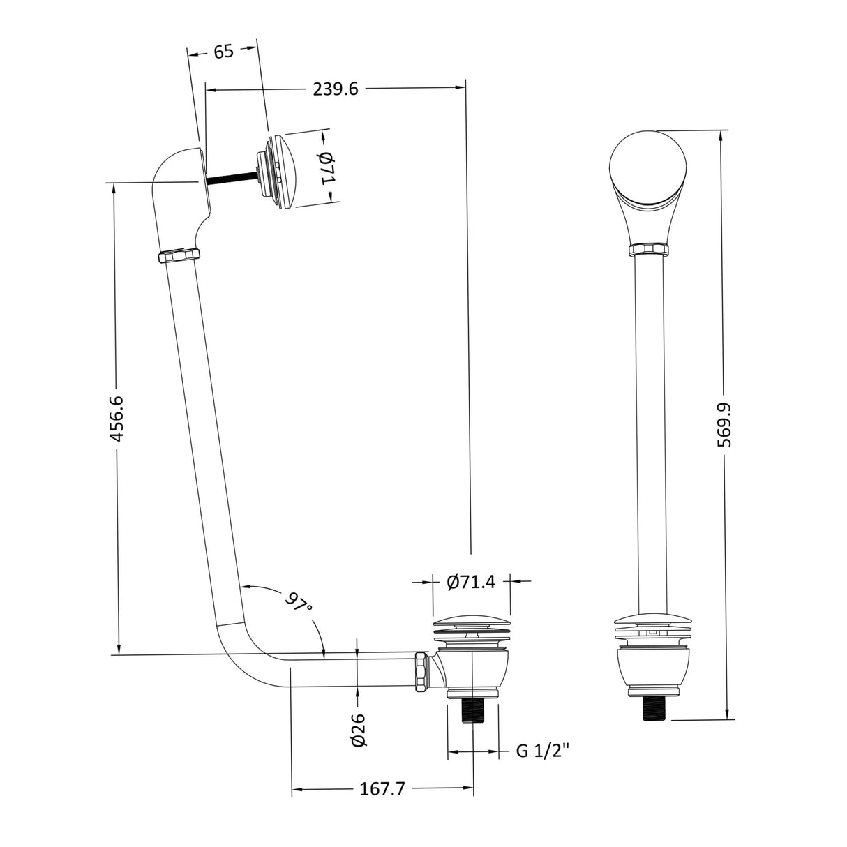 BC Designs Push Down Exposed Extended Bath Waste Brushed Chrome WAS050BC LD