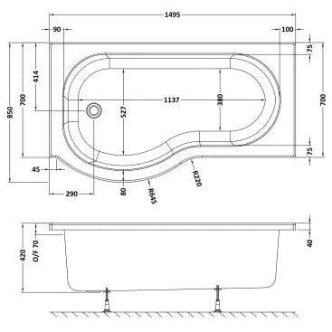Nuie P-Shaped Shower Bath Without Bath Panel White WBP1585L LD