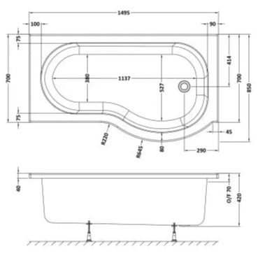 Nuie P-Shaped Shower Bath Without Bath Panel White WBP1585R LD