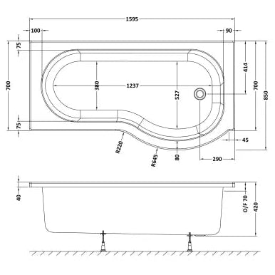 Nuie P-Shaped Shower Bath Without Bath Panel White WBP1685R LD
