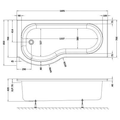 Nuie P-Shaped Shower Bath Without Bath Panel White WBP1785L LD