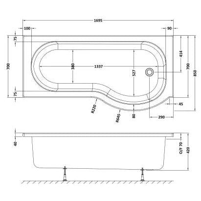 Nuie P-Shaped Shower Bath Without Bath Panel White WBP1785R LD