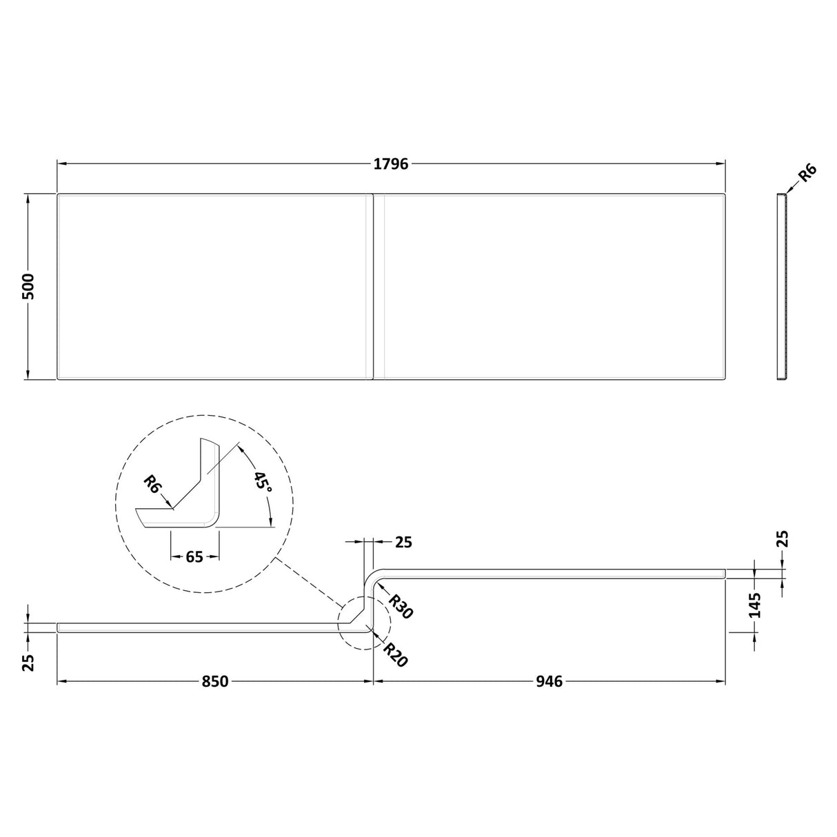 Nuie Acrylic L-Shaped Shower Bath Front Panel Gloss White WBS304 LD