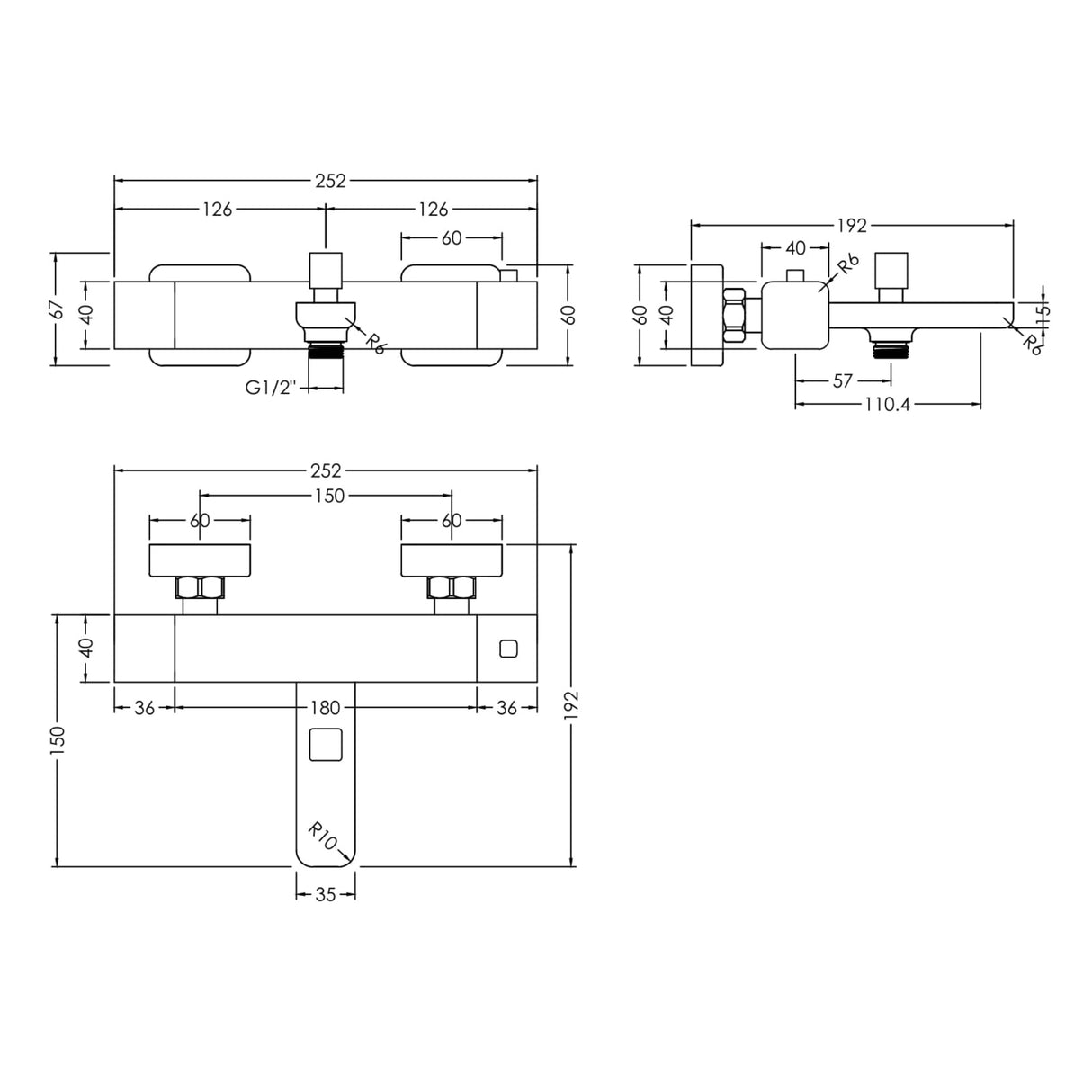 Nuie Windon Wall Mounted Thermostatic Bath Shower Mixer Tap Chrome WIN005 LD