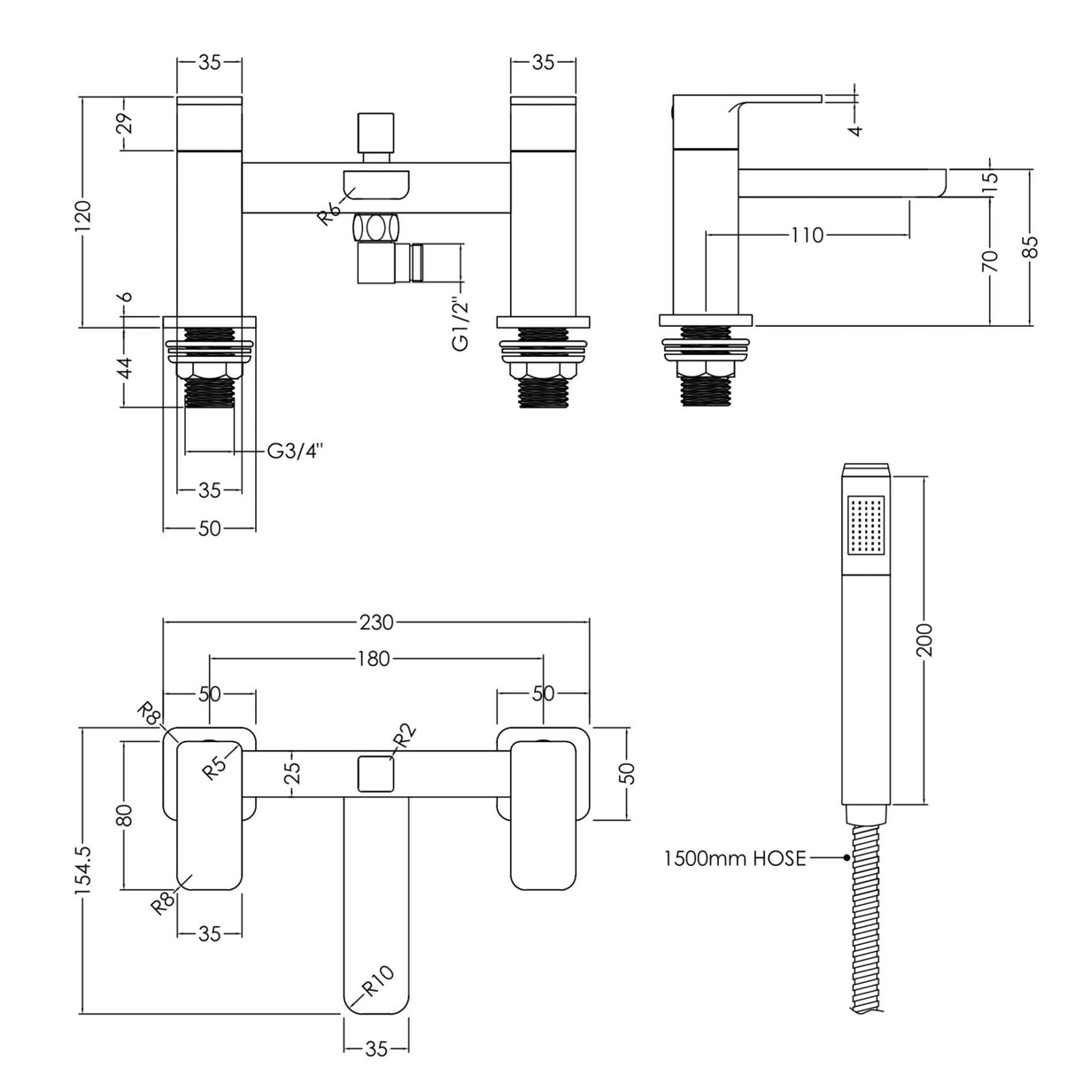 Nuie Windon Bath Shower Mixer Tap with Shower Kit Chrome WIN304 LD