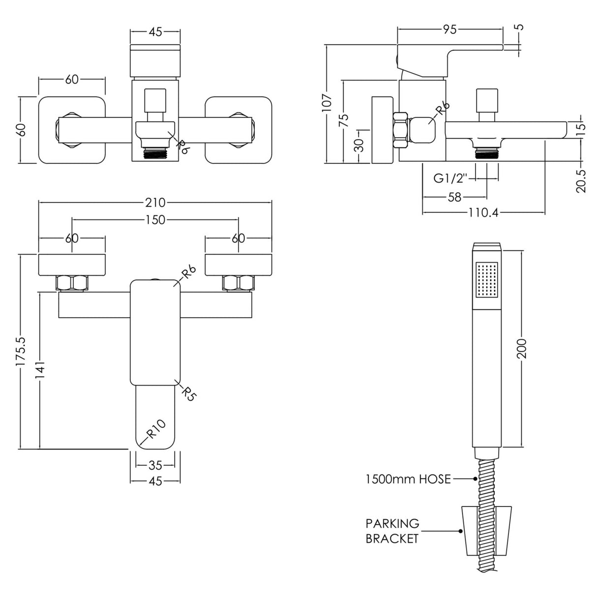 Nuie Windon Wall Mounted Bath Shower Mixer Tap with Shower Kit Chrome WIN316 LD