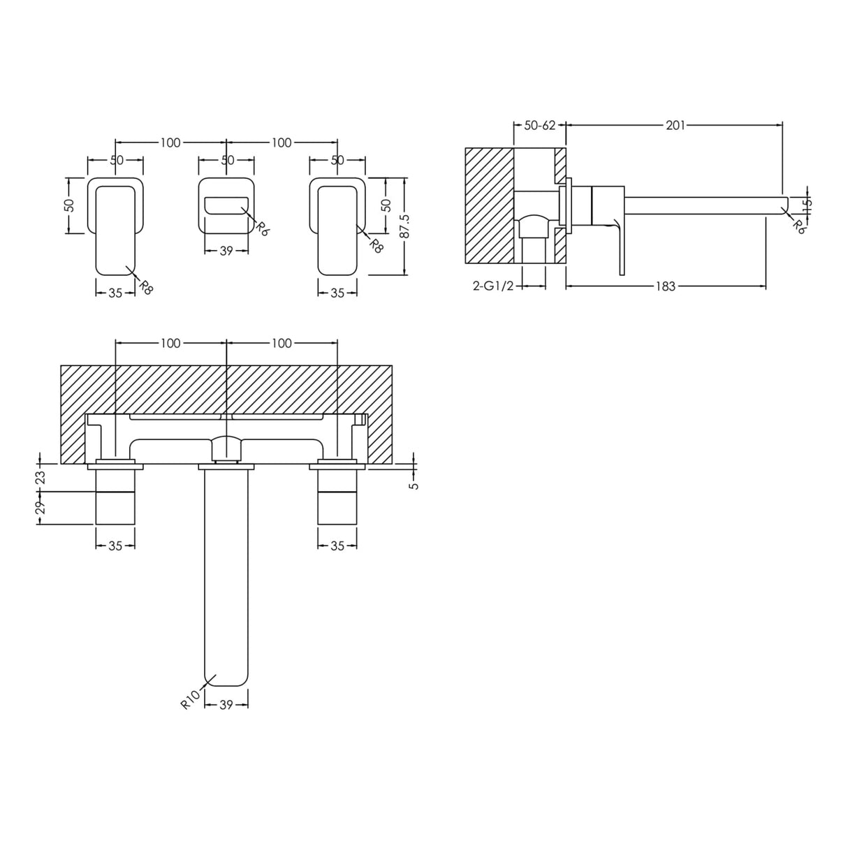 Nuie Windon 3-Hole Wall Mounted Basin Mixer Tap Chrome WIN317 LD