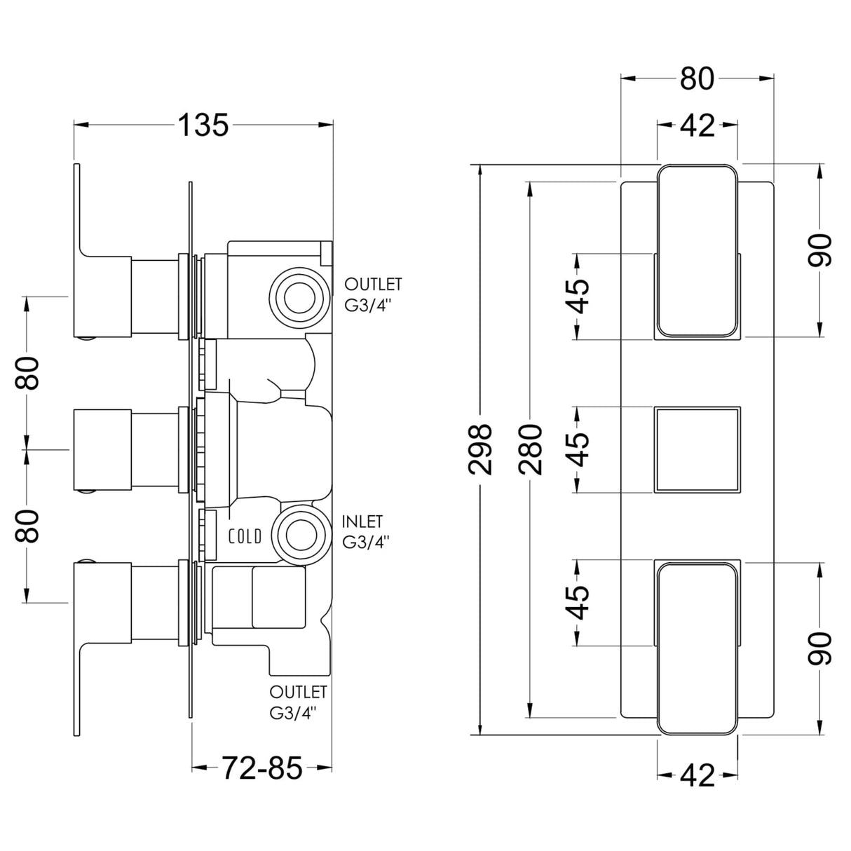Nuie Windon 3 Outlet Thermostatic Concealed Shower Valve With Diverter Chrome WINTR03 LD