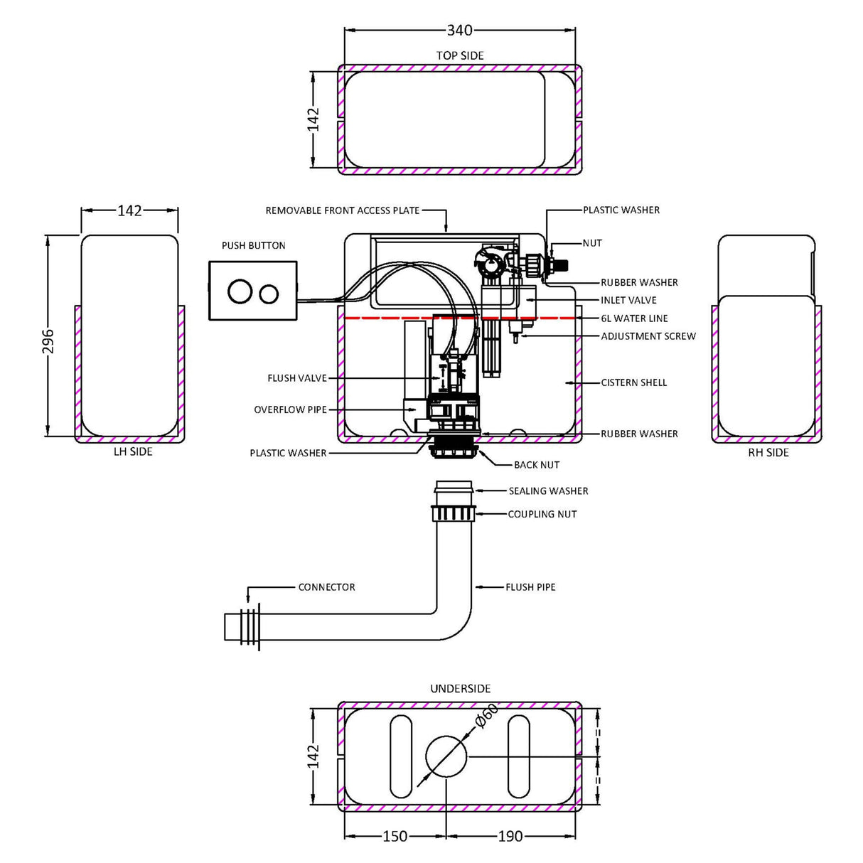 Nuie Pneumatic Universal Access Dual Flush Concealed Cistern with Rectangular Flush Plate, Side Inlet Chrome XTY011M01 LD