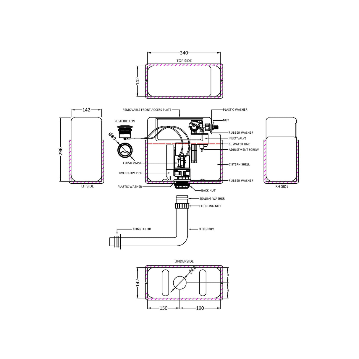 Nuie Pneumatic Universal Access Dual Flush Concealed Cistern with Chrome Round Modern Button, Side Inlet Chrome XTY011S LD