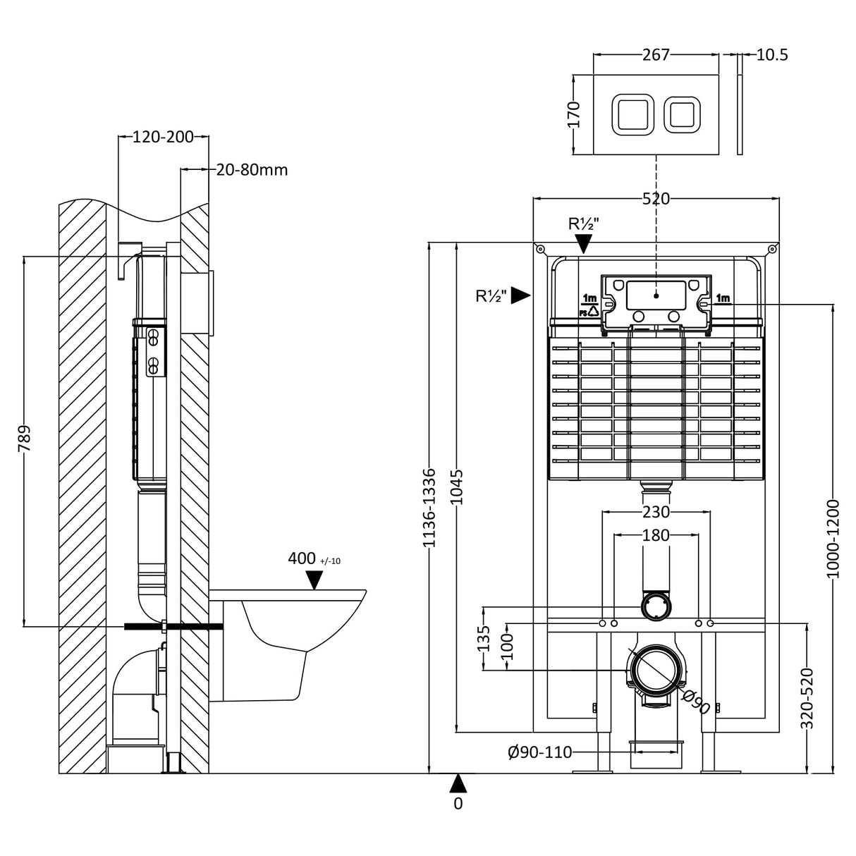 Nuie 1136-1336mm WC Frame with Dual Flush Plate - Square Button Matt White XTY109S LD