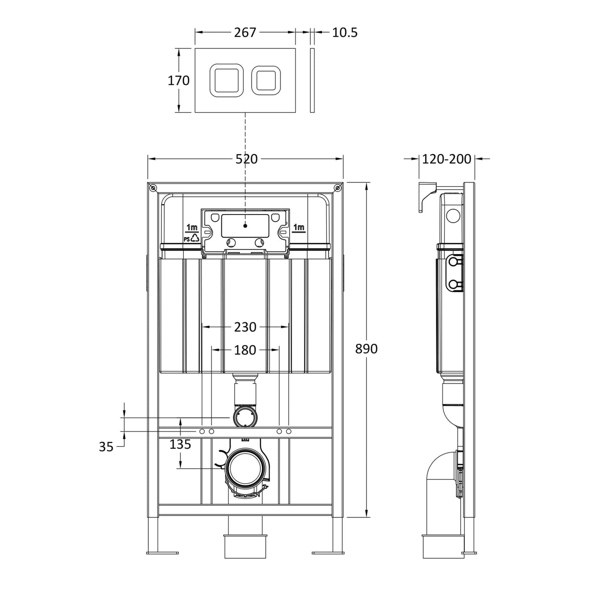 Nuie Mid-Height 890mm WC Frame with Dual Flush Plate - Square Button Matt Black XTY407S LD