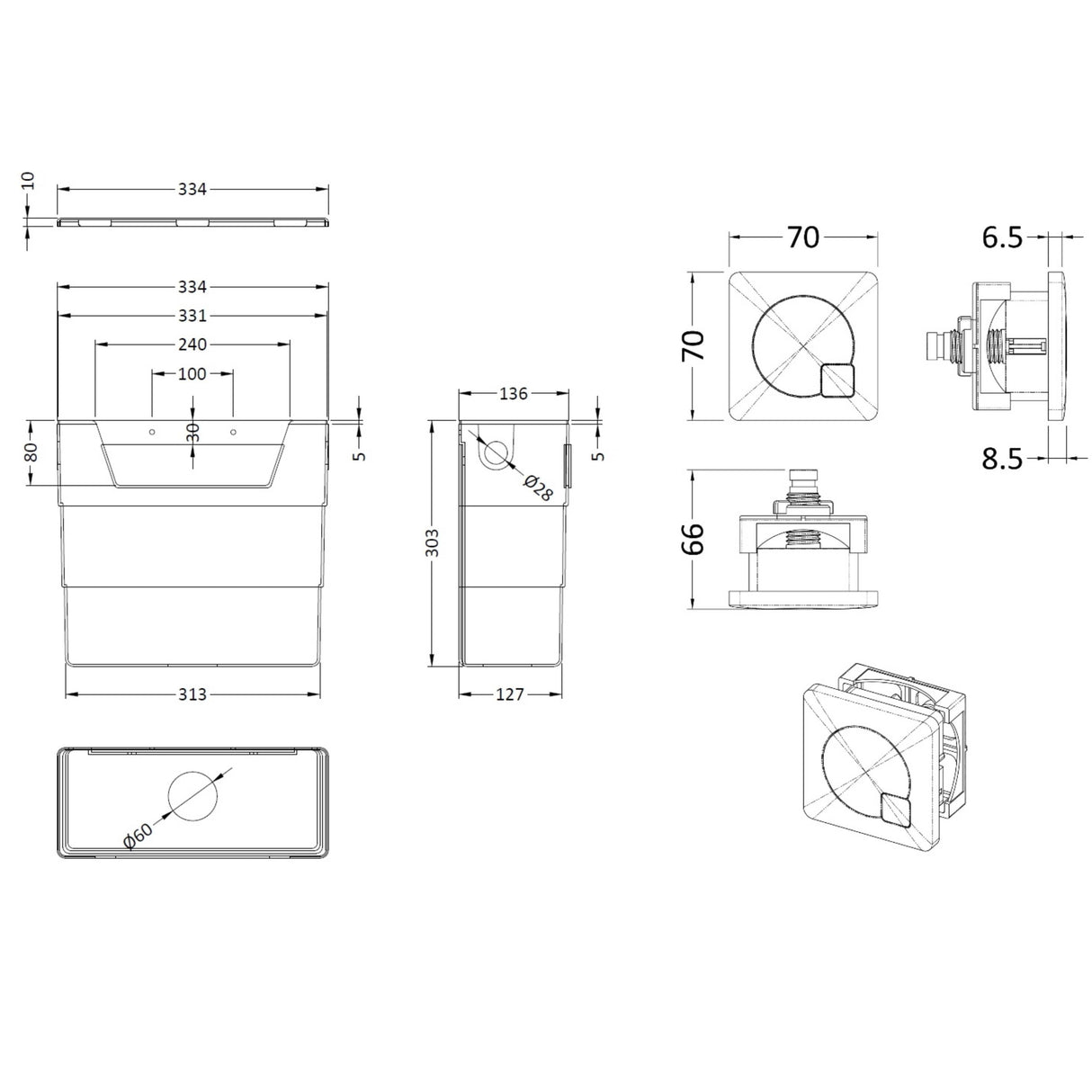 Nuie Top and Front Access Dual Flush Concealed Cistern with Square Flush Plate, Side Inlet Brushed Pewter XTY6M04 LD