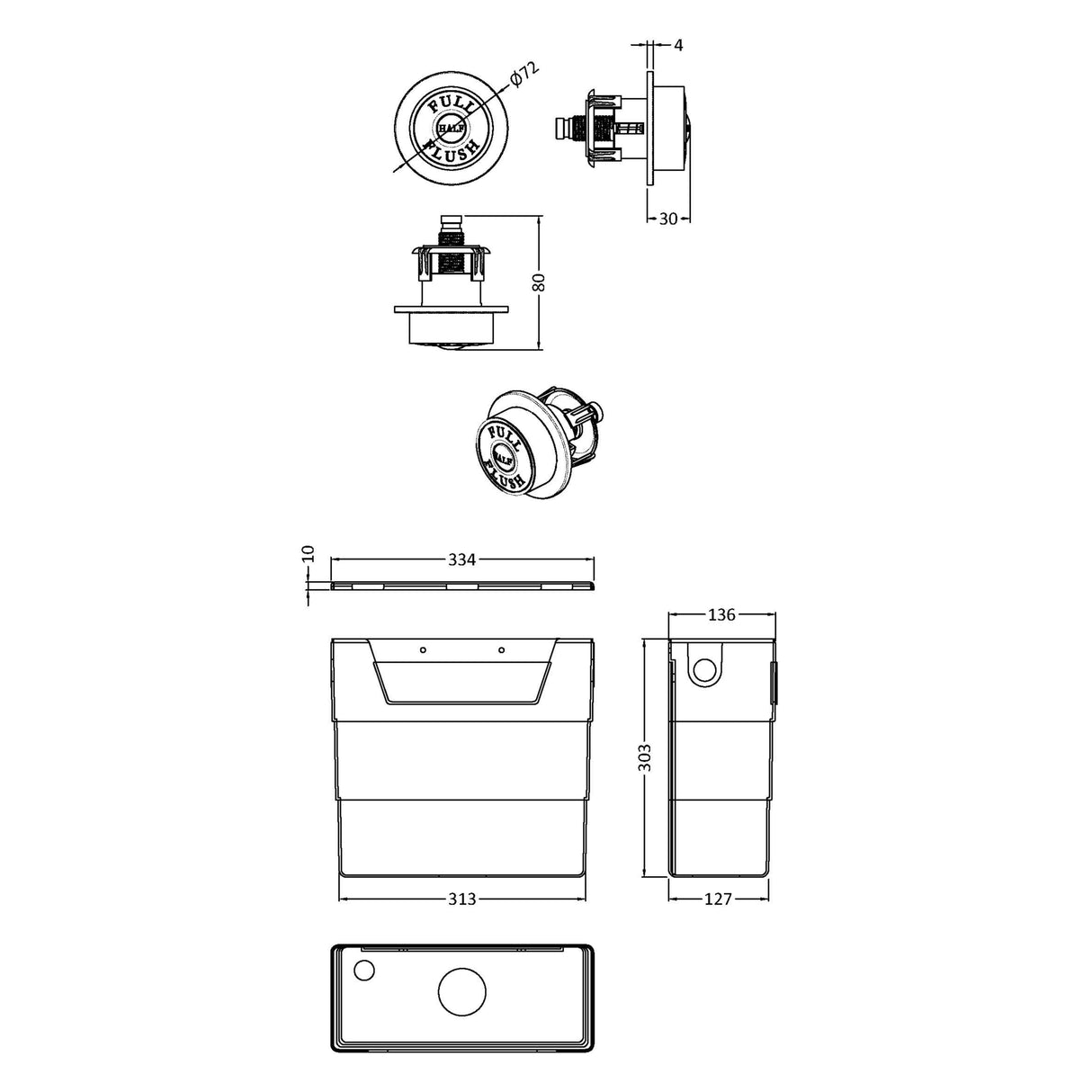 Nuie Top and Front Access Dual Flush Concealed Cistern with Traditional Round Button, Side Inlet