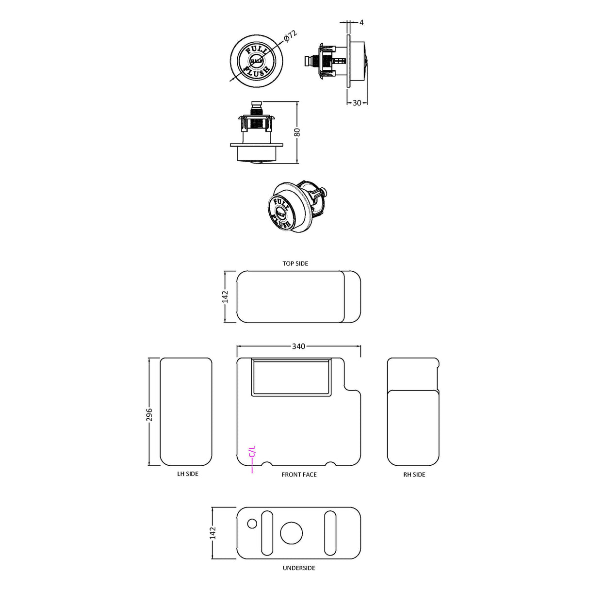 Nuie Universal Access Dual Flush Concealed Cistern with Traditional Button, Bottom Inlet Chrome XTY8T01B LD
