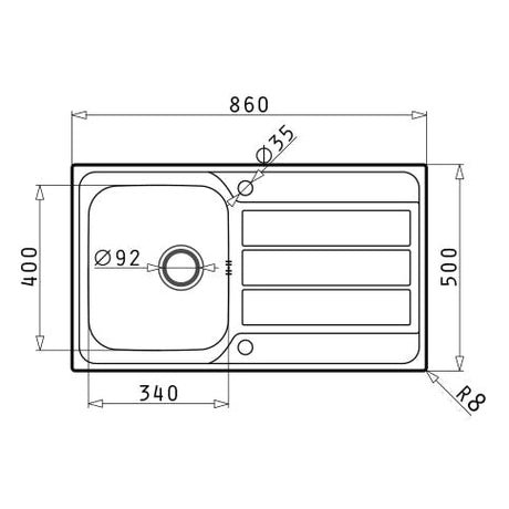 Pyramis Athena 1.0 Bowl Stainless Steel Inset Kitchen Sink & Drainer Reversible 860mm x 500mm Silver 989100181801 LD