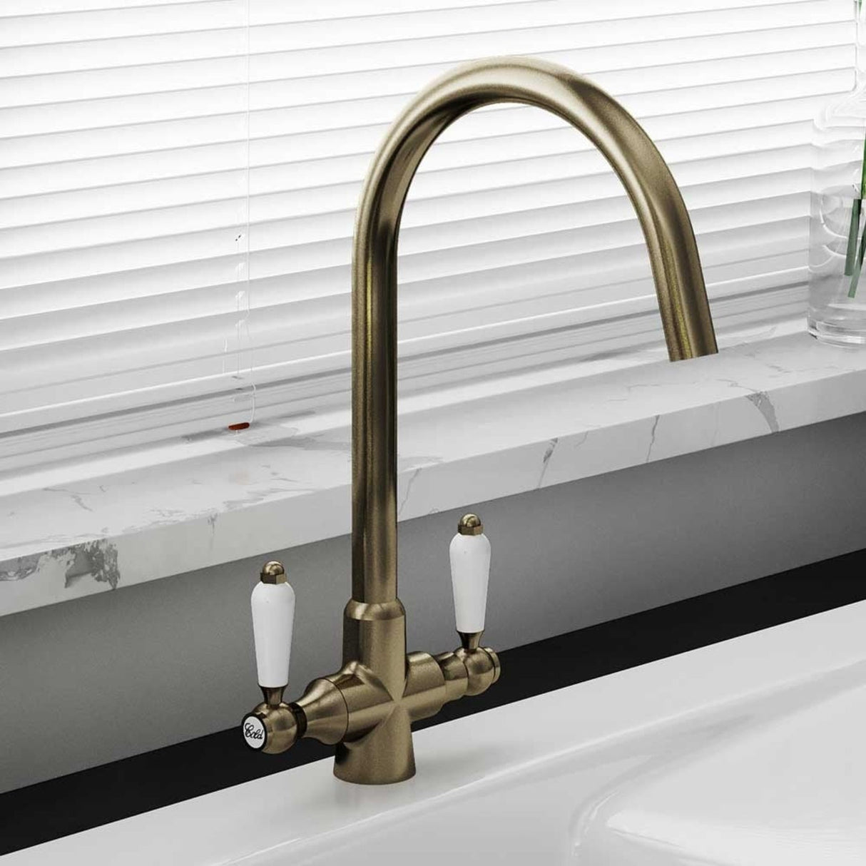 Astini Colonial Ceramic White Handle Twin Lever Kitchen Mixer Tap