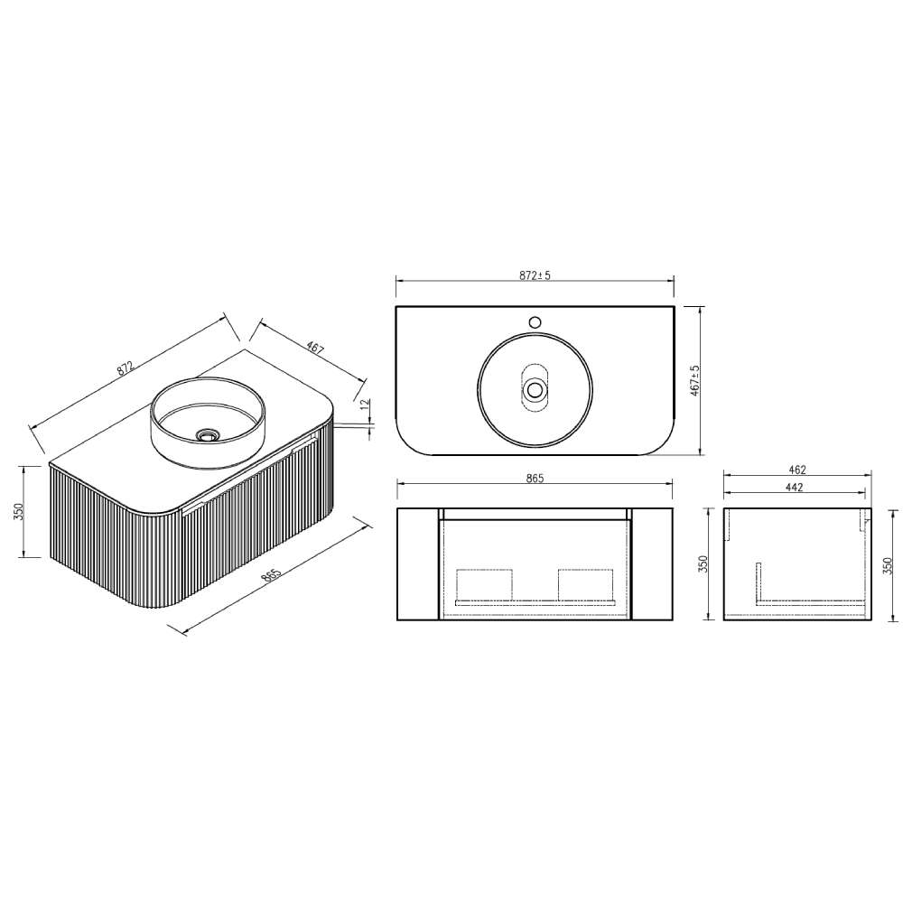 Astini Flauto 870 Curved Corner Wall Hung Vanity Unit & Sintered Stone Counter Top