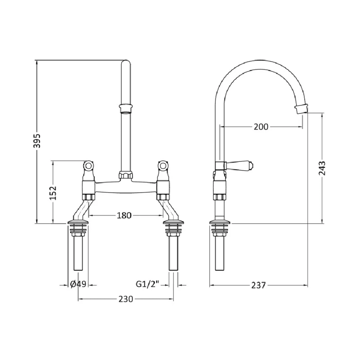 Astini Provencale Traditional Twin Lever Bridge Kitchen Mixer Tap with Ceramic Handles
