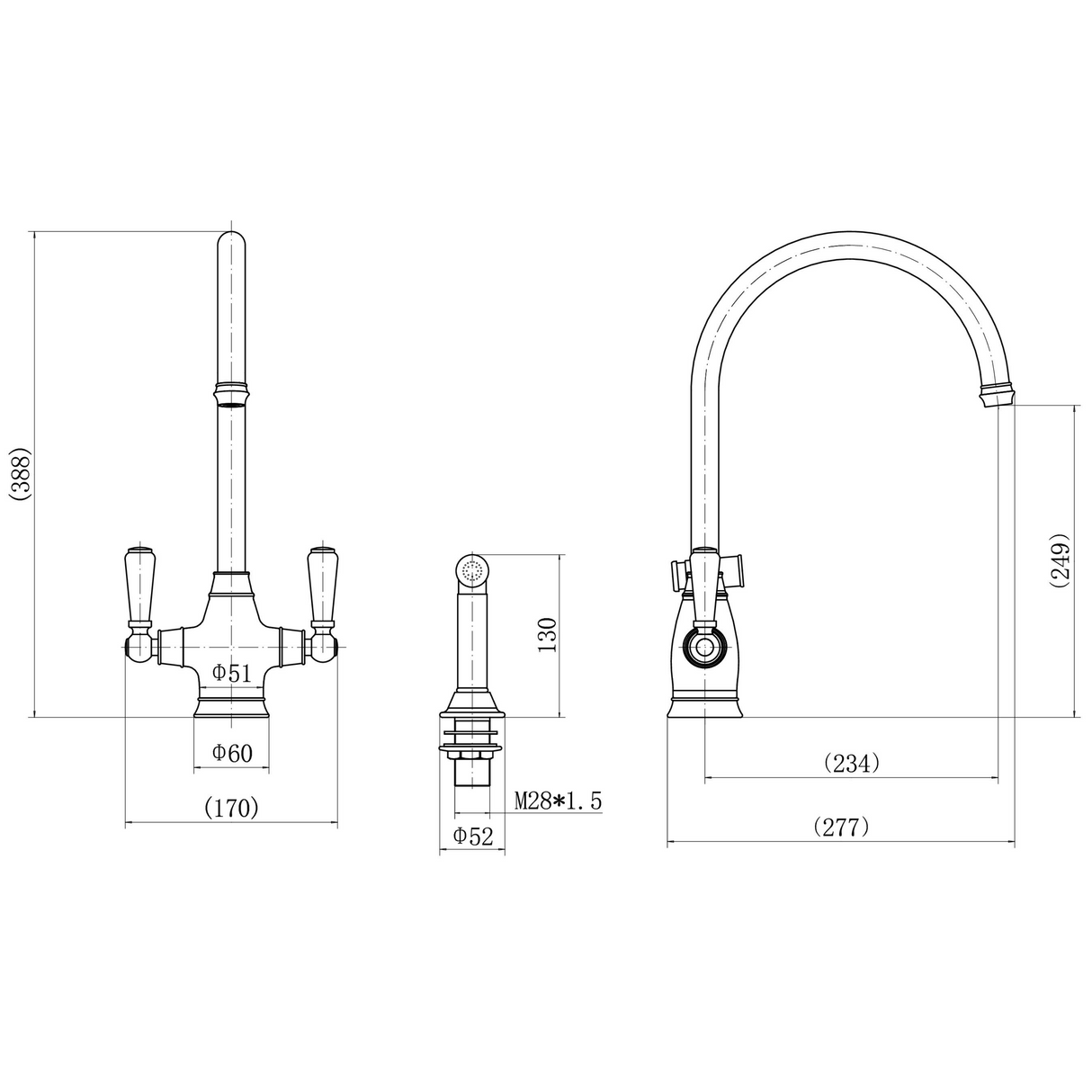 Ellsi Oswald Traditional Twin Lever Kitchen Mixer Tap With Pull-Out Rinser CHROME OSW-02-CH LD