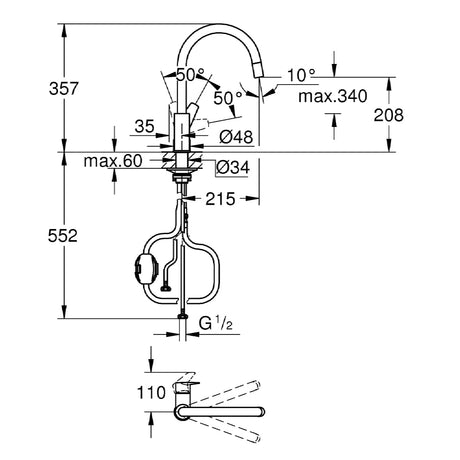 Grohe 30538000 BauEdge Pull-Out Single Lever Kitchen Mixer Tap Chrome 30538000 LD
