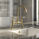 Ellsi Alton Traditional Bridge Twin Lever Kitchen Mixer Tap With Ceramic Levers BRUSHED BRASS ALT-01-BB LS
