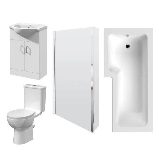 Bathmegastore Left Hand L-Shaped Shower Bath Suite - WC - Vanity Basin 550mm BMSUITE118