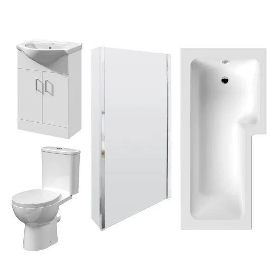 Bathmegastore Right Hand L-Shaped Shower Bath Suite - WC - Vanity Basin 550mm BMSUITE119