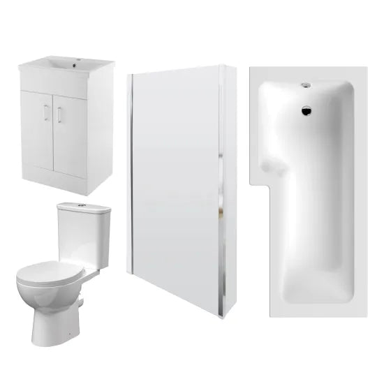 Bathmegastore Left Hand L-Shaped Shower Bath Suite - WC - Vanity Basin 500mm BMSUITE120