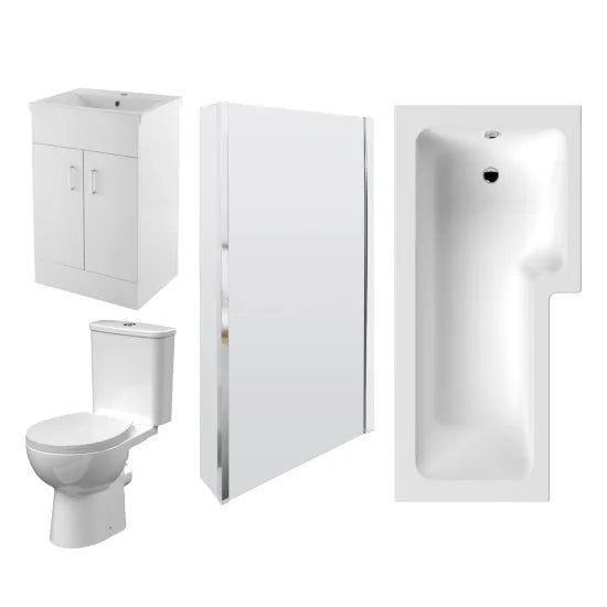 Bathmegastore Right Hand L-Shaped Shower Bath Suite - WC - Vanity Basin 500mm BMSUITE121