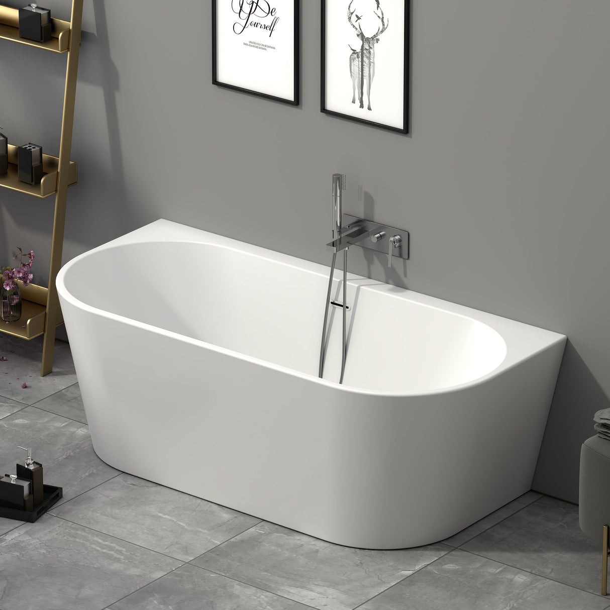 Bathmegastore Grace Acrylic Back To Wall Freestanding Bath L1700 x W800mm Polished White BMGRACE-BATH-WHITE-1700-WASTE-WHITE LS1