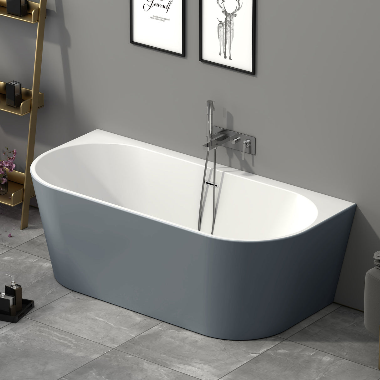 Bathmegastore Grace Acrylic Back To Wall Freestanding Bath L1700 x W800mm Polished White BMGRACE-BATH-PAINTED-1700-WASTE-WHITE LS