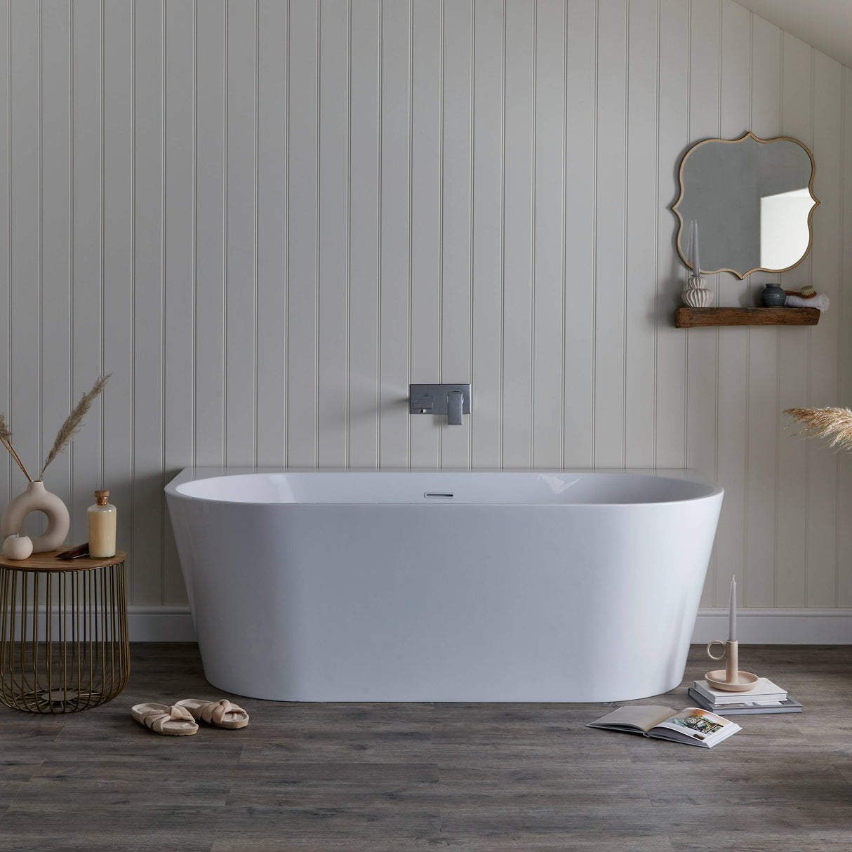 Bathmegastore Grace Acrylic Back To Wall Freestanding Bath L1700 x W800mm Polished White BMGRACE-BATH-WHITE-1700-WASTE-WHITE LS3