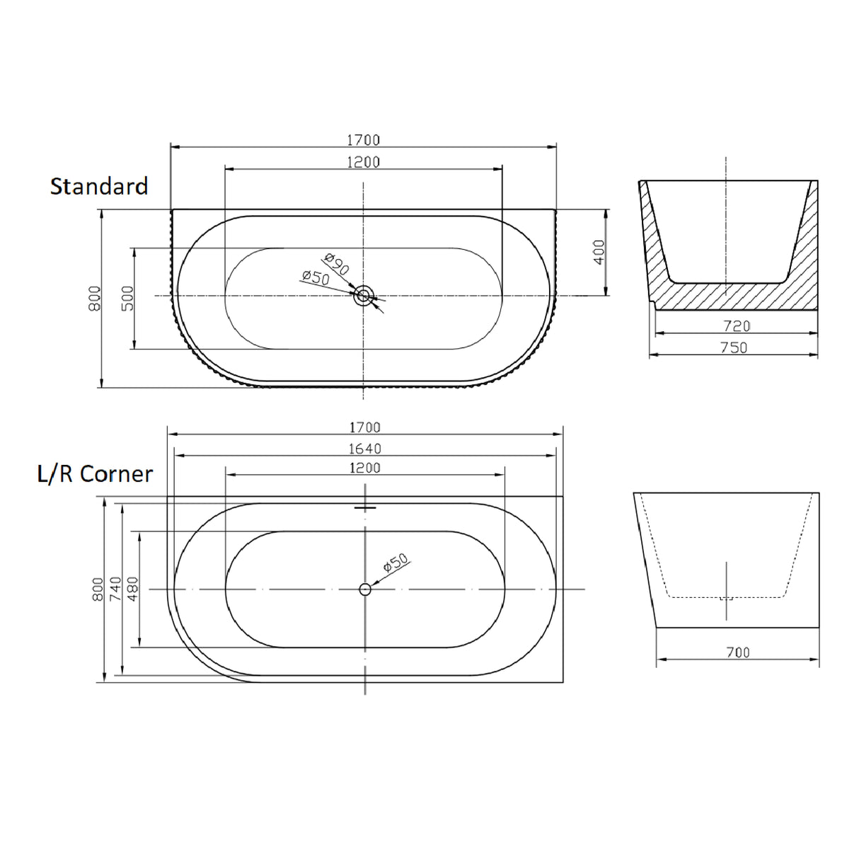 Bathmegastore Sophia Acrylic Rippled Freestanding Bath L1700 x W800mm - Left/Right Handed Polished White BMSOPHIA-BATH-LEFT-WHITE-1700-WASTE-WHITE LD
