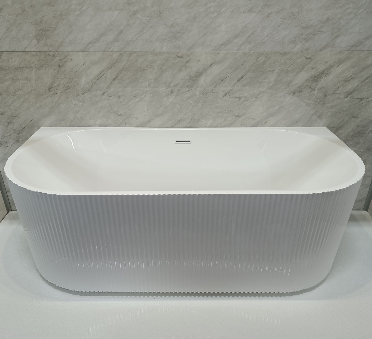 Bathmegastore Sophia Acrylic Back To Wall Rippled Freestanding Bath L1700 x W800mm Polished White BMSOPHIA-BATH-WHITE-1700-WASTE-WHITE LS4