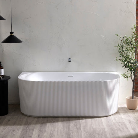 Bathmegastore Sophia Acrylic Back To Wall Rippled Freestanding Bath L1700 x W800mm Polished White BMSOPHIA-BATH-WHITE-1700-WASTE-WHITE LS