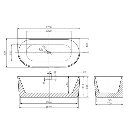 Bathmegastore Sophia Acrylic Back To Wall Rippled Freestanding Bath L1700 x W800mm Polished White BMSOPHIA-BATH-WHITE-1700-WASTE-WHITE LD
