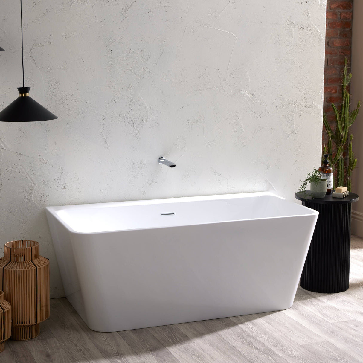 Bathmegastore Julie Acrylic Back To Wall Freestanding Bath L1500 x W750mm Polished White BMJULIE-BATH-WHITE-1500-WASTE-WHITE LS4