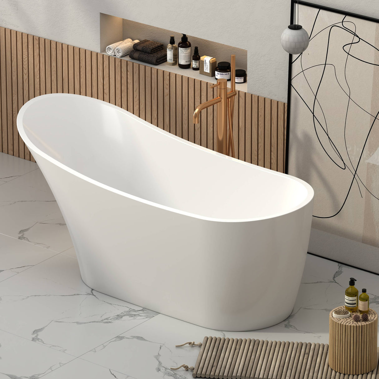 Bathmegastore Marilyn Acrylic Freestanding Slipper Bath L1680 x W730mm Polished White BMMARILYN-BATH-WHITE-1680-WASTE-WHITE LS