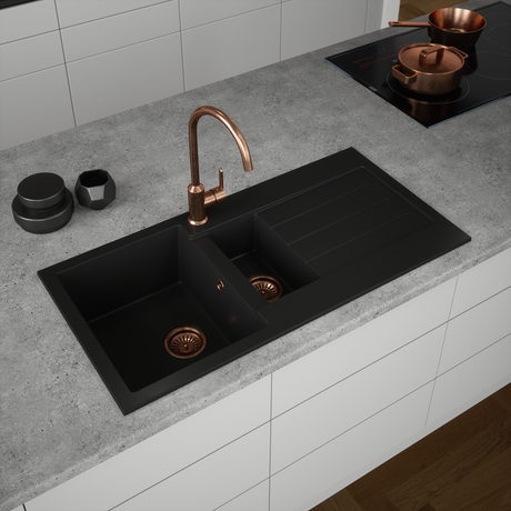 Ellsi Comite 1.5 Bowl Composite Inset Kitchen Sink & Drainer Matt Black Reversible 1000mm x 500mm, Chrome Wastes MATT BLACK PDT-000061 LS