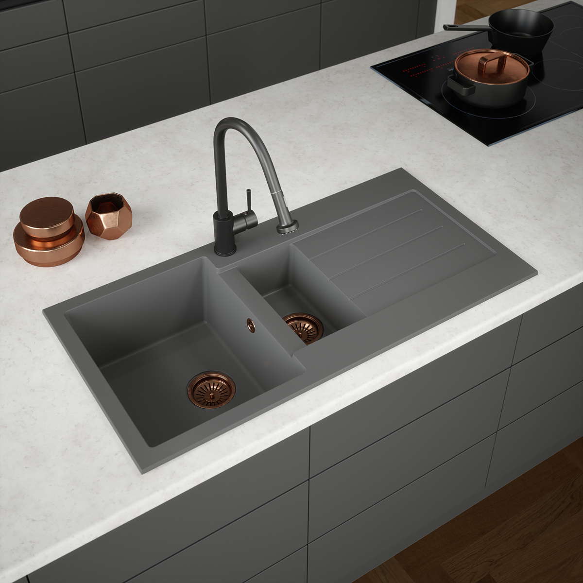 Ellsi Comite 1.5 Bowl Composite Inset Kitchen Sink & Drainer Matt Grey ...