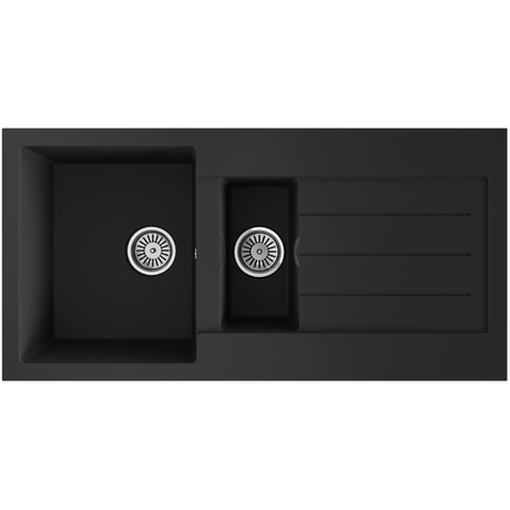 Ellsi Comite 1.5 Bowl Composite Inset Kitchen Sink & Drainer Matt Black Reversible 1000mm x 500mm, Chrome Wastes MATT BLACK PDT-000061_1