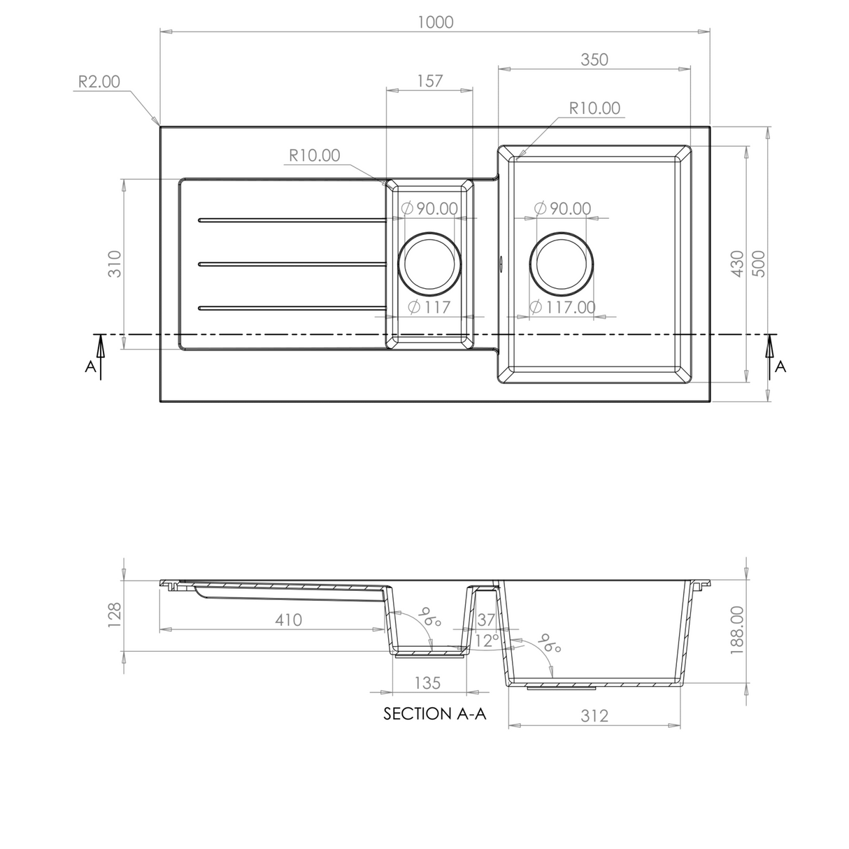 Ellsi Comite 1.5 Bowl Composite Inset Kitchen Sink & Drainer Reversible 1000mm x 500mm, Chrome Wastes LD